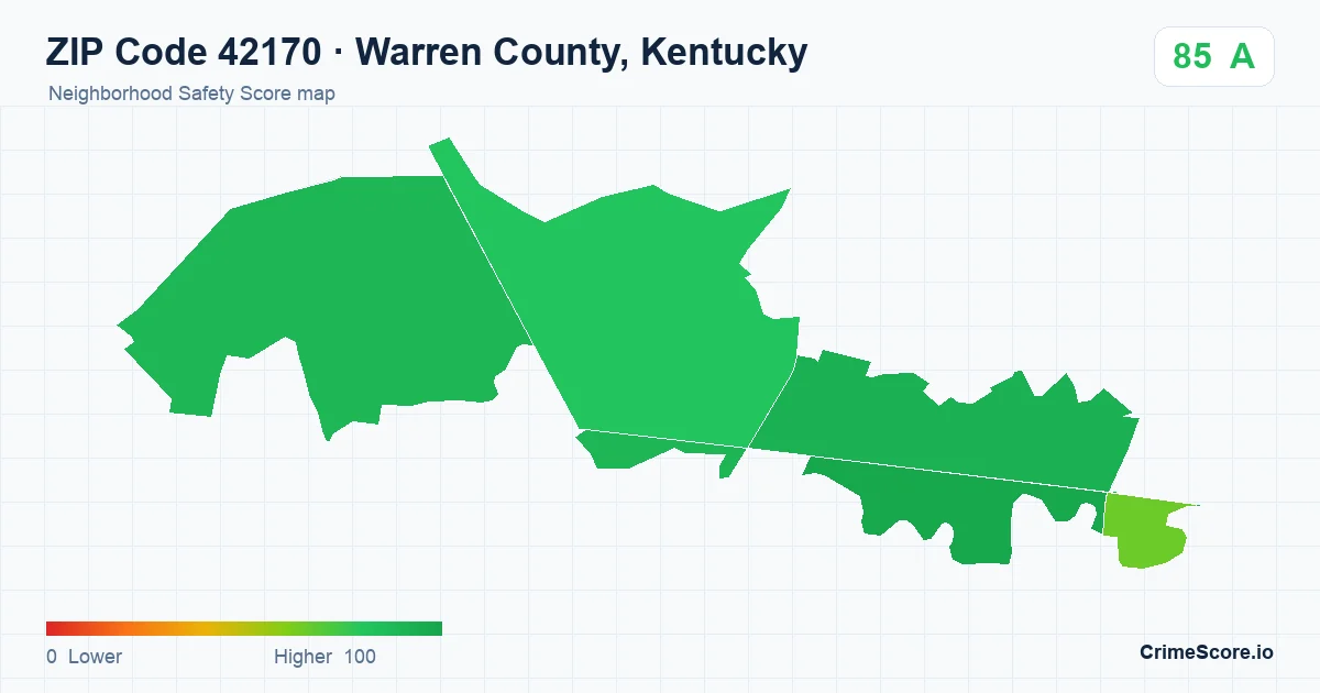 ZIP Code 42170 in Warren County, Kentucky neighborhood Safety Score map