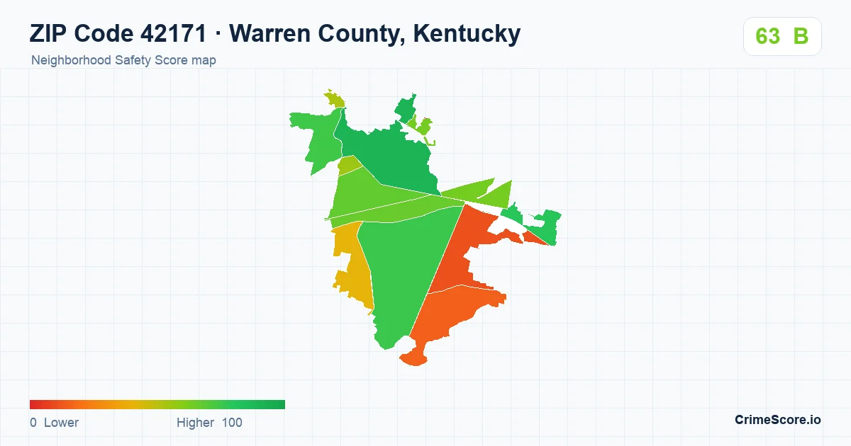 ZIP Code 42171 in Warren County, Kentucky neighborhood Safety Score map