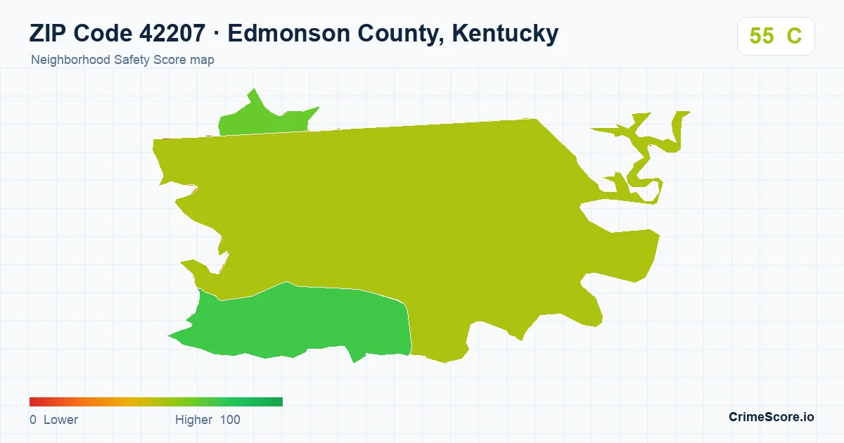 ZIP Code 42207 in Edmonson County, Kentucky neighborhood Safety Score map