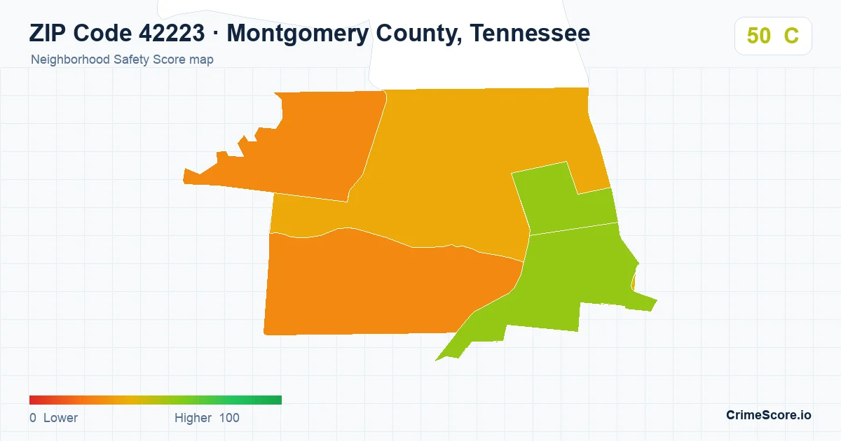 ZIP Code 42223 in Montgomery County, Tennessee neighborhood Safety Score map