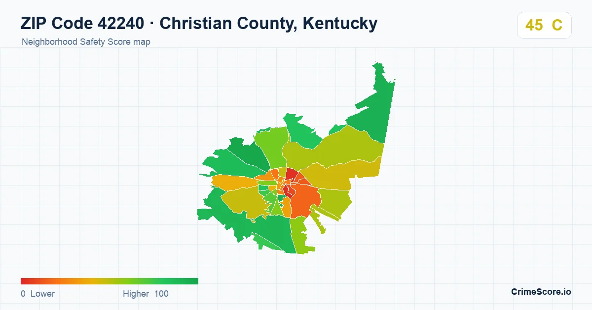 ZIP Code 42240 in Christian County, Kentucky neighborhood Safety Score map