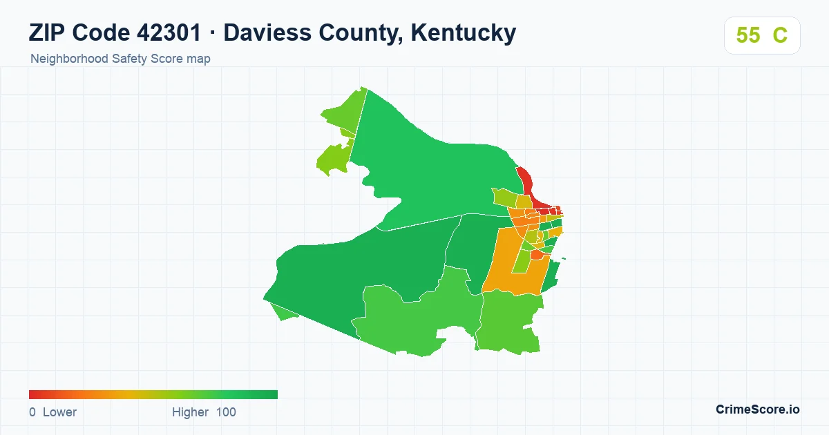 ZIP Code 42301 in Daviess County, Kentucky neighborhood Safety Score map