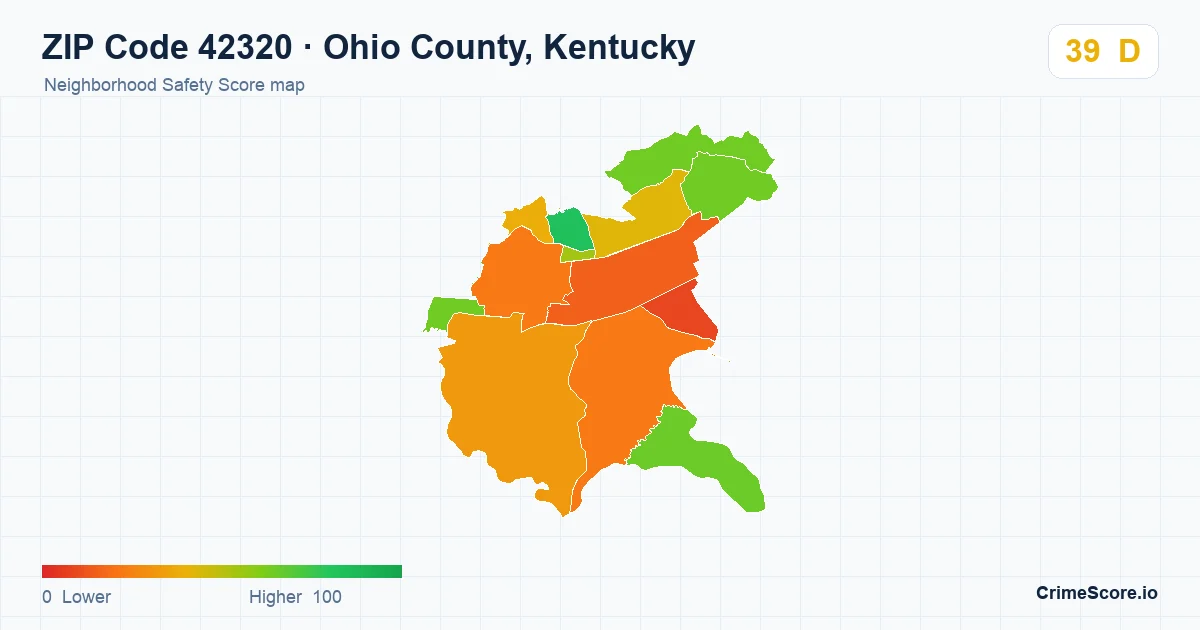 ZIP Code 42320 in Ohio County, Kentucky neighborhood Safety Score map