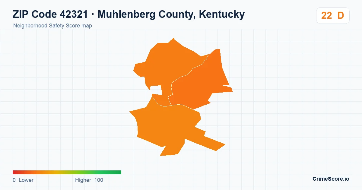 ZIP Code 42321 in Muhlenberg County, Kentucky neighborhood Safety Score map