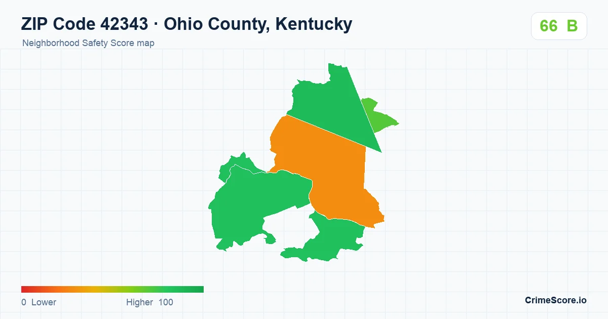 ZIP Code 42343 in Ohio County, Kentucky neighborhood Safety Score map