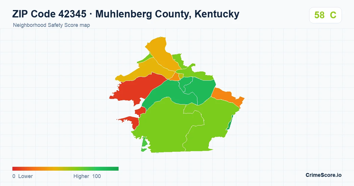 ZIP Code 42345 in Muhlenberg County, Kentucky neighborhood Safety Score map