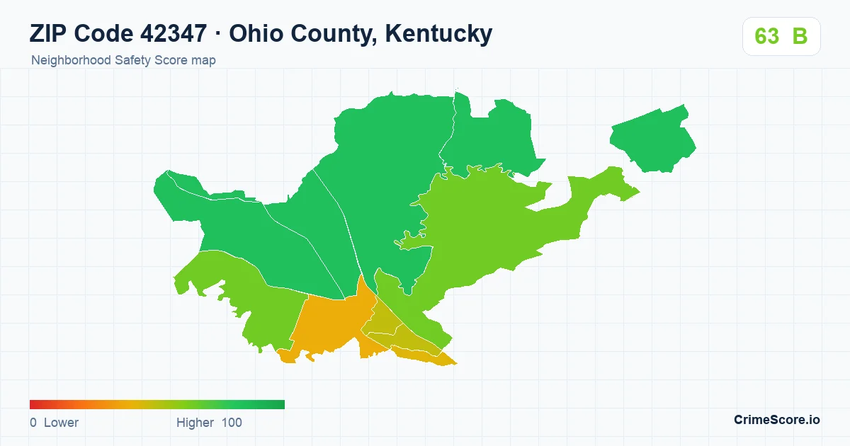 ZIP Code 42347 in Ohio County, Kentucky neighborhood Safety Score map