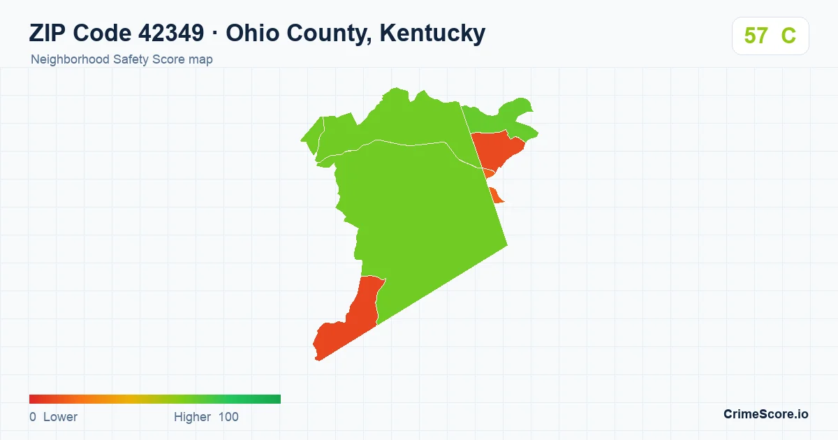 ZIP Code 42349 in Ohio County, Kentucky neighborhood Safety Score map
