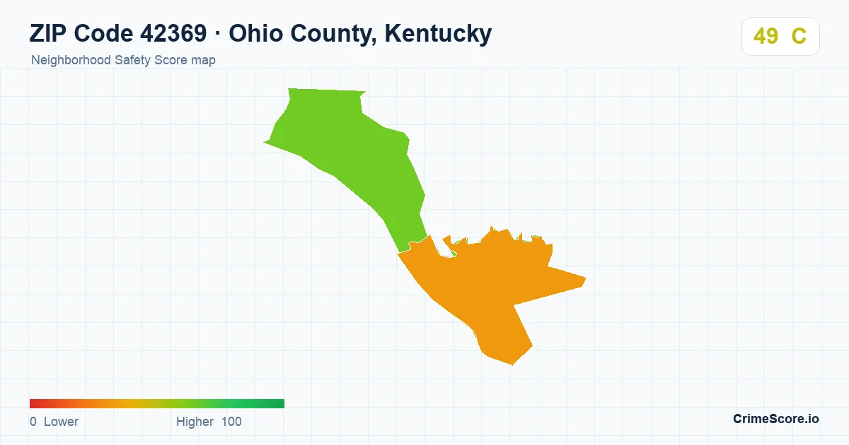 ZIP Code 42369 in Ohio County, Kentucky neighborhood Safety Score map