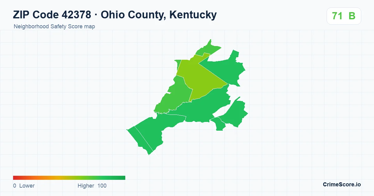 ZIP Code 42378 in Ohio County, Kentucky neighborhood Safety Score map