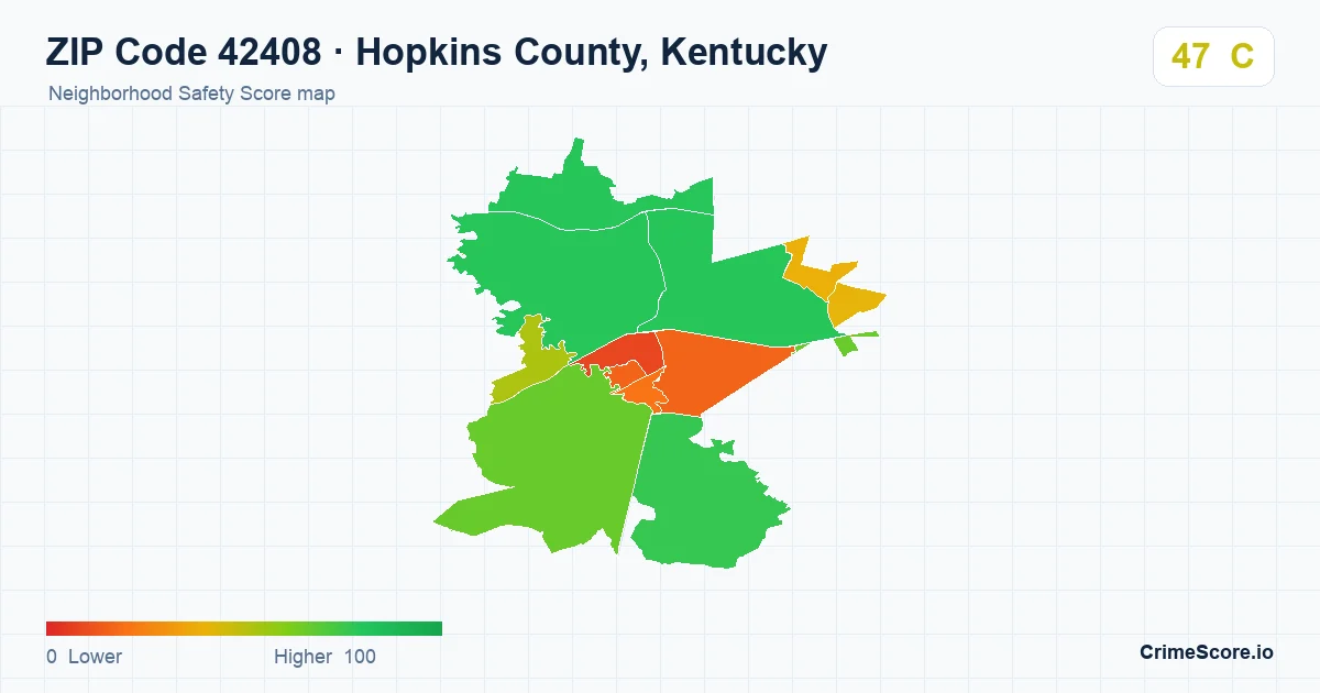 ZIP Code 42408 in Hopkins County, Kentucky neighborhood Safety Score map