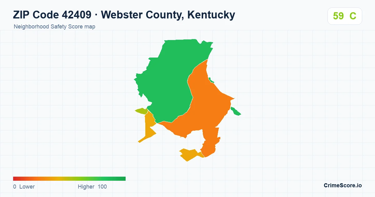 ZIP Code 42409 in Webster County, Kentucky neighborhood Safety Score map