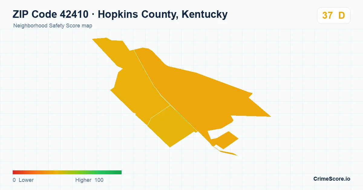 ZIP Code 42410 in Hopkins County, Kentucky neighborhood Safety Score map