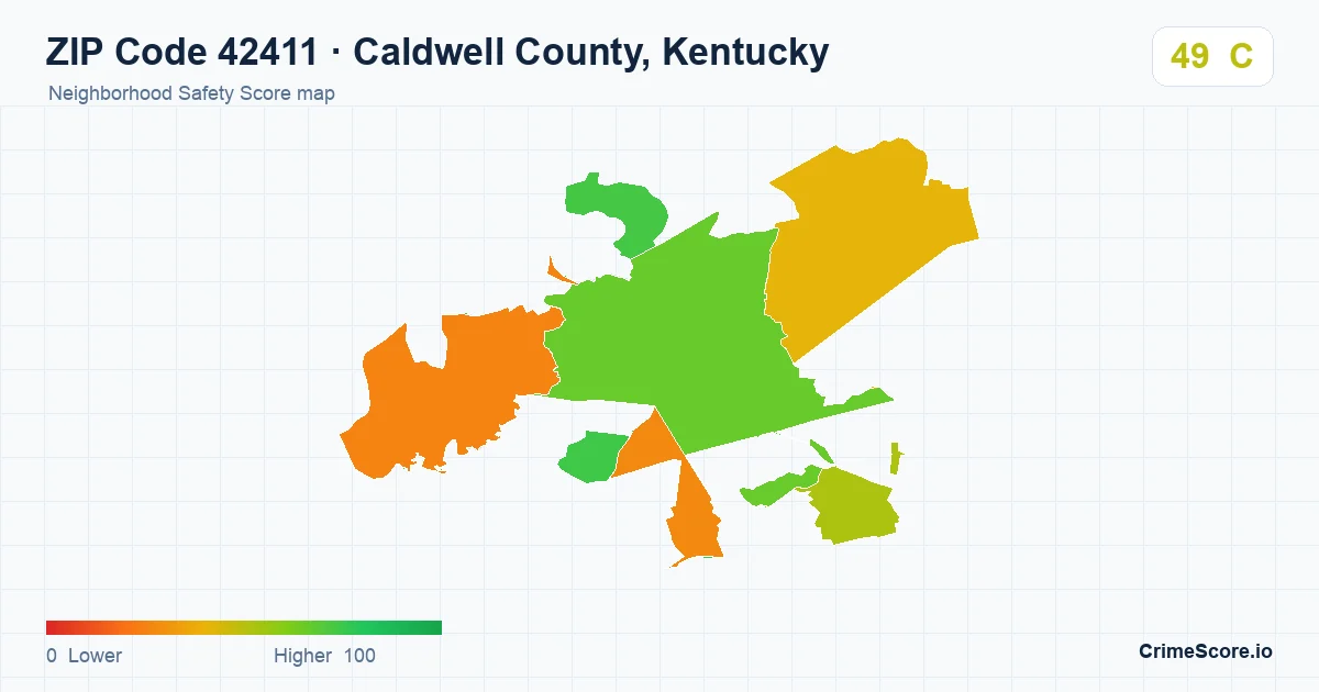 ZIP Code 42411 in Caldwell County, Kentucky neighborhood Safety Score map