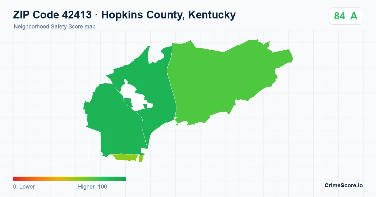 ZIP Code 42413 in Hopkins County, Kentucky neighborhood Safety Score map