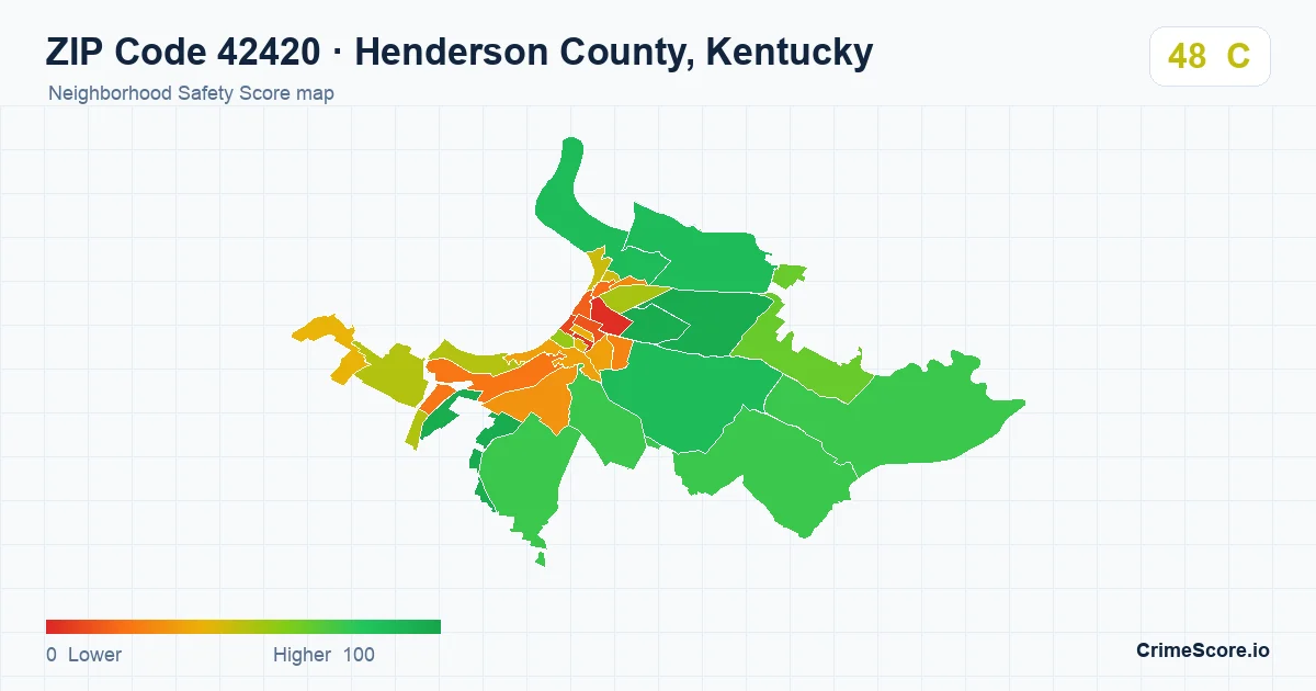 ZIP Code 42420 in Henderson County, Kentucky neighborhood Safety Score map
