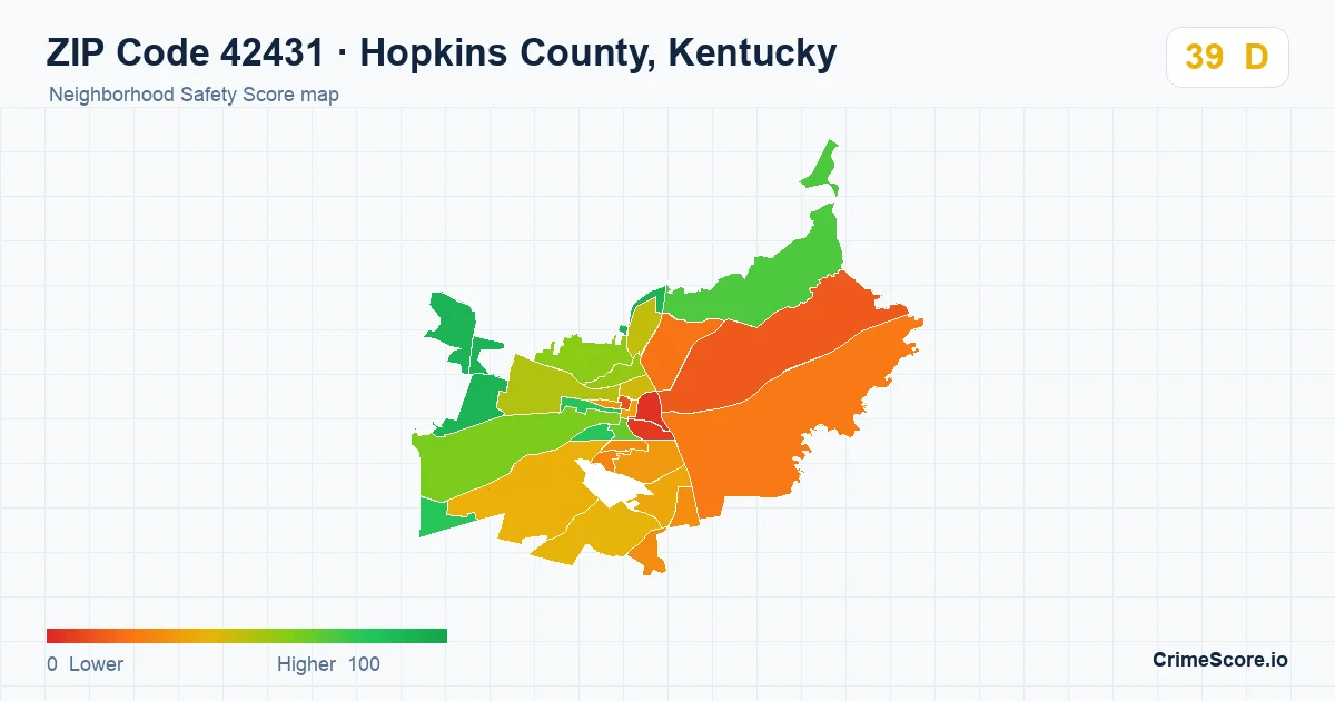 ZIP Code 42431 in Hopkins County, Kentucky neighborhood Safety Score map
