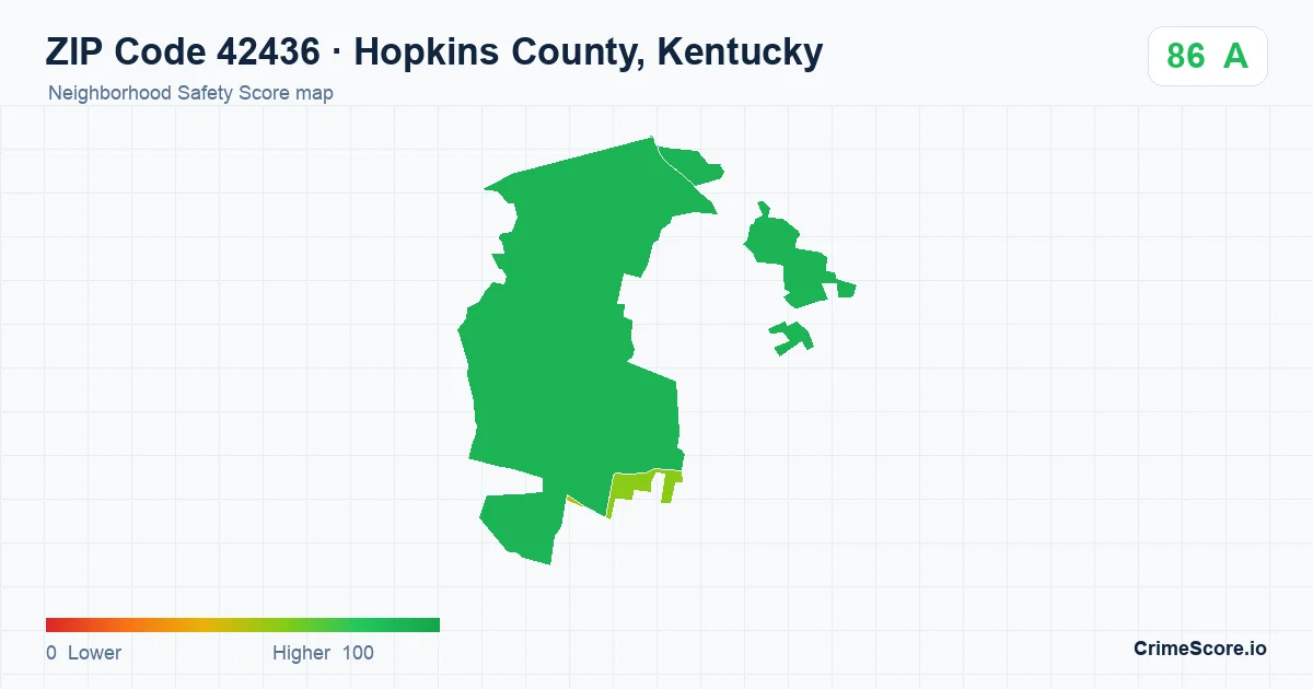 ZIP Code 42436 in Hopkins County, Kentucky neighborhood Safety Score map