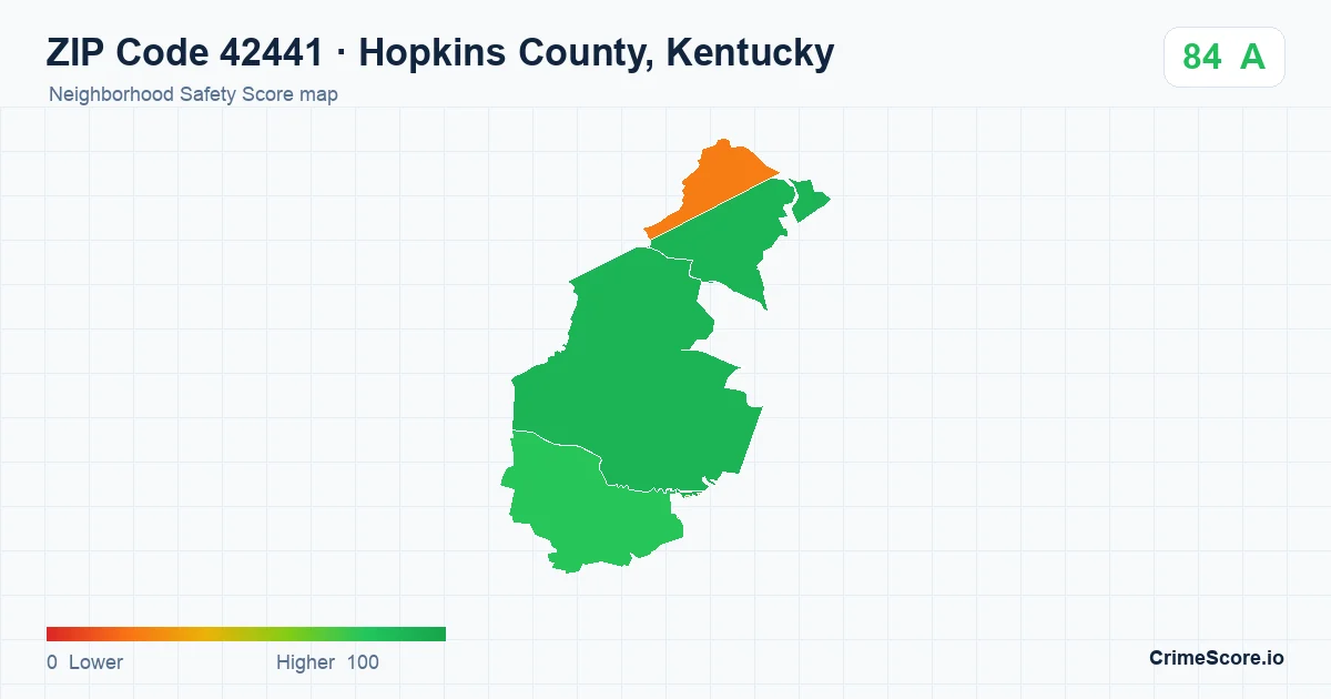 ZIP Code 42441 in Hopkins County, Kentucky neighborhood Safety Score map