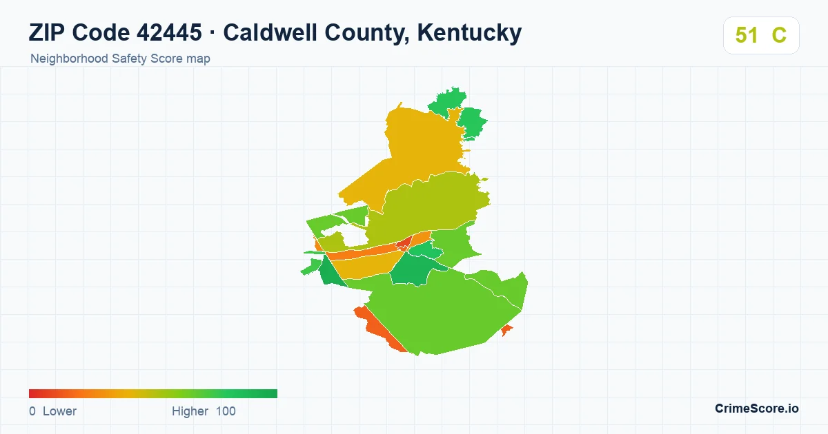 ZIP Code 42445 in Caldwell County, Kentucky neighborhood Safety Score map