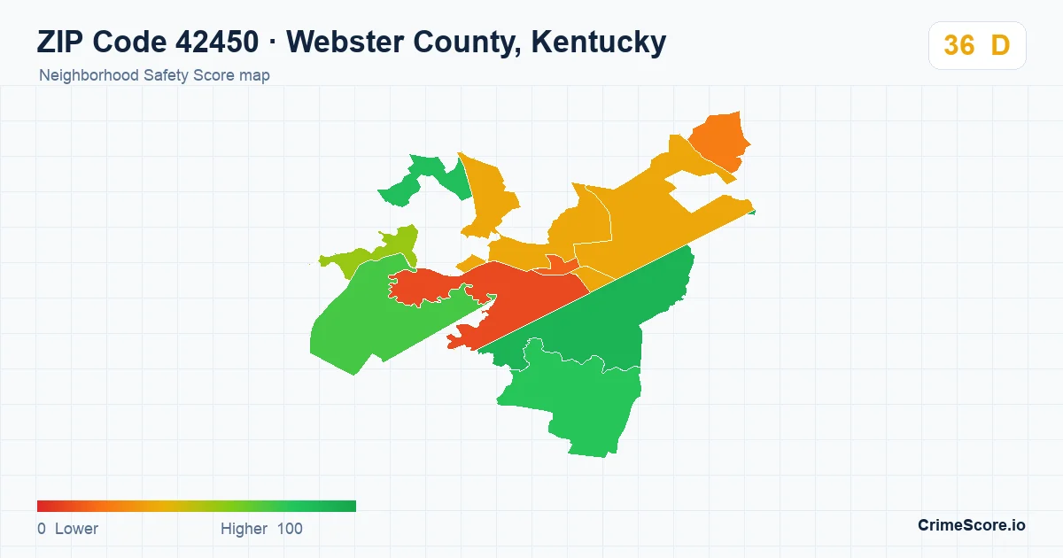 ZIP Code 42450 in Webster County, Kentucky neighborhood Safety Score map