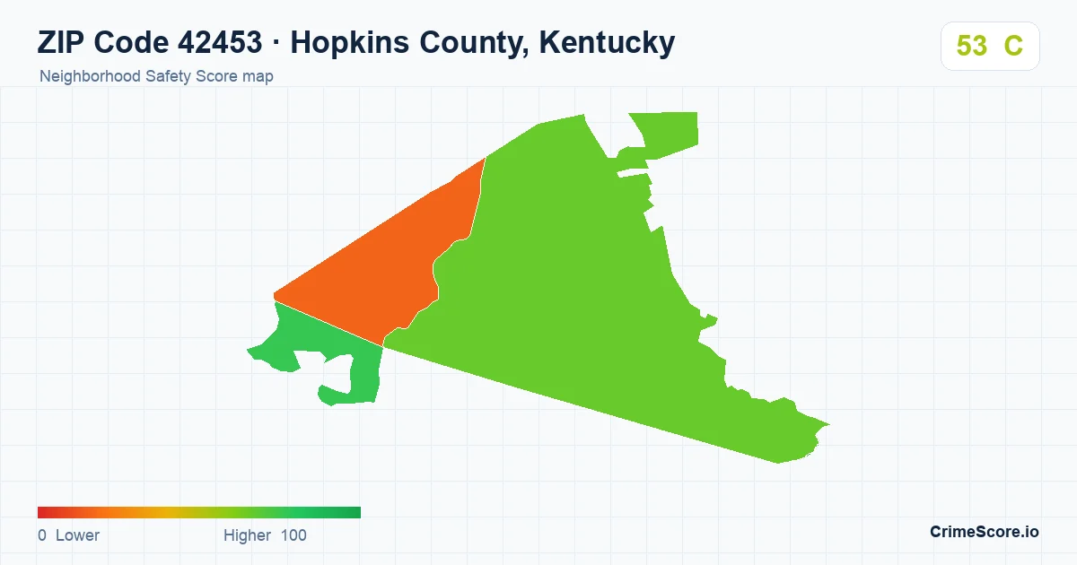 ZIP Code 42453 in Hopkins County, Kentucky neighborhood Safety Score map