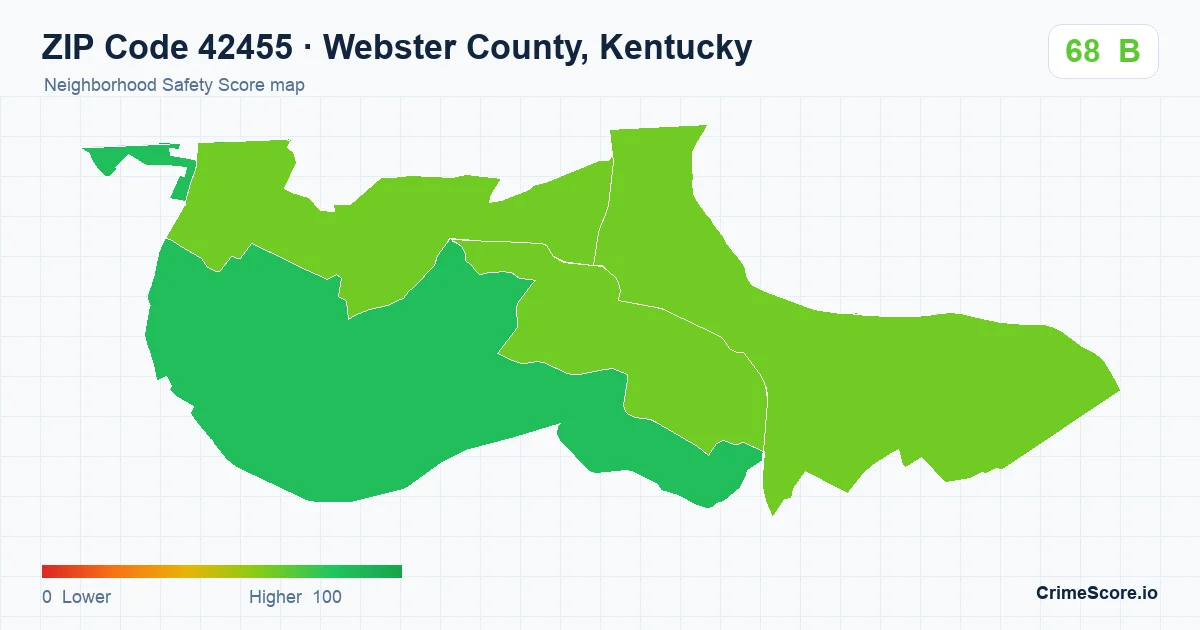 ZIP Code 42455 in Webster County, Kentucky neighborhood Safety Score map