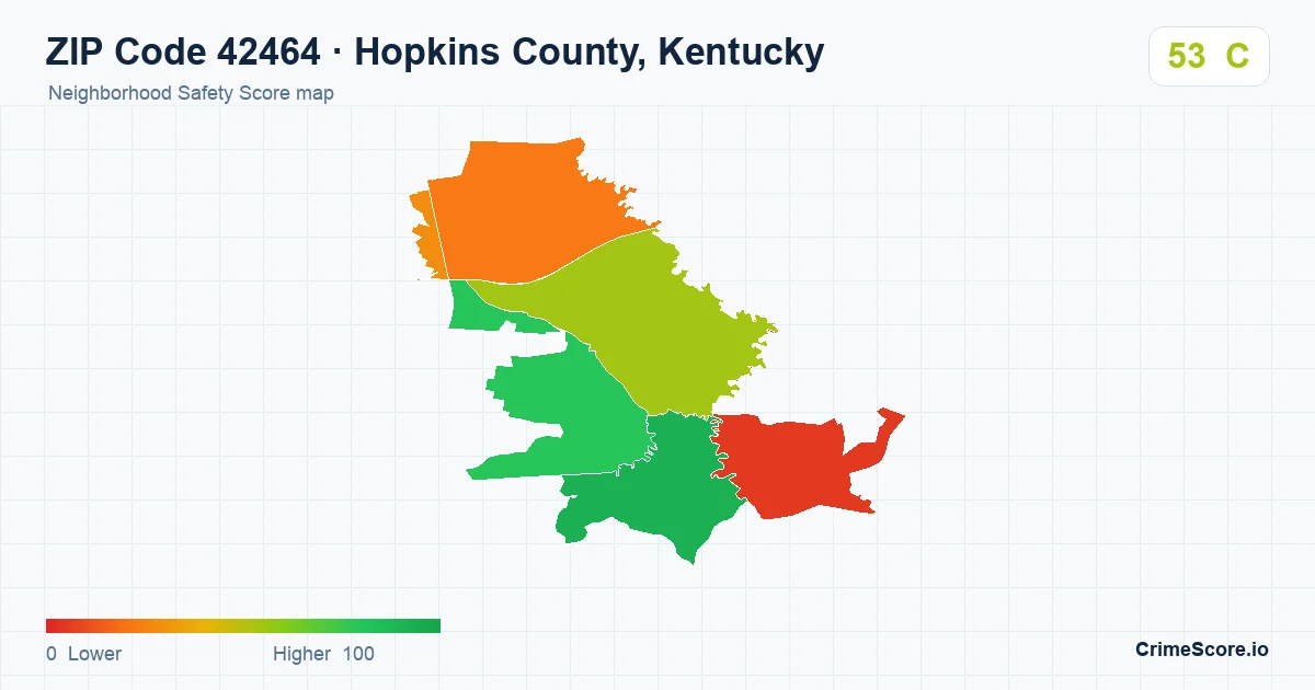 ZIP Code 42464 in Hopkins County, Kentucky neighborhood Safety Score map