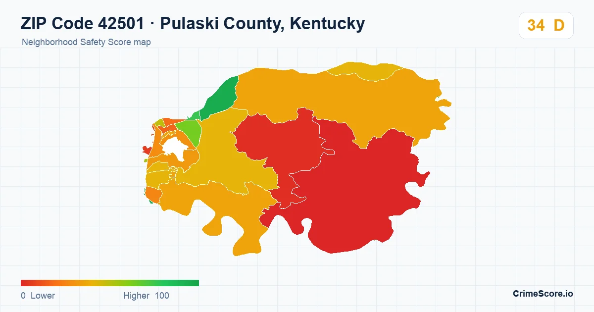 ZIP Code 42501 in Pulaski County, Kentucky neighborhood Safety Score map