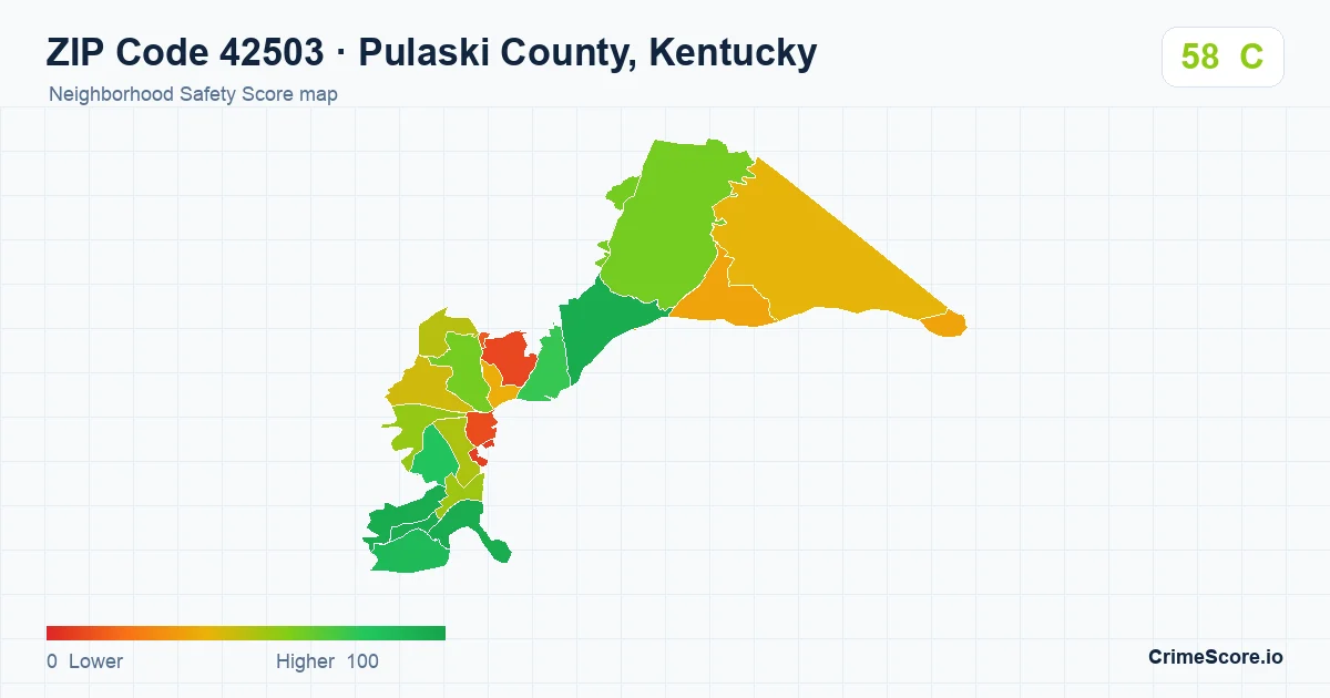 ZIP Code 42503 in Pulaski County, Kentucky neighborhood Safety Score map