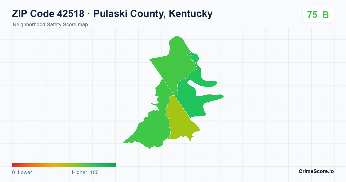 ZIP Code 42518 in Pulaski County, Kentucky neighborhood Safety Score map