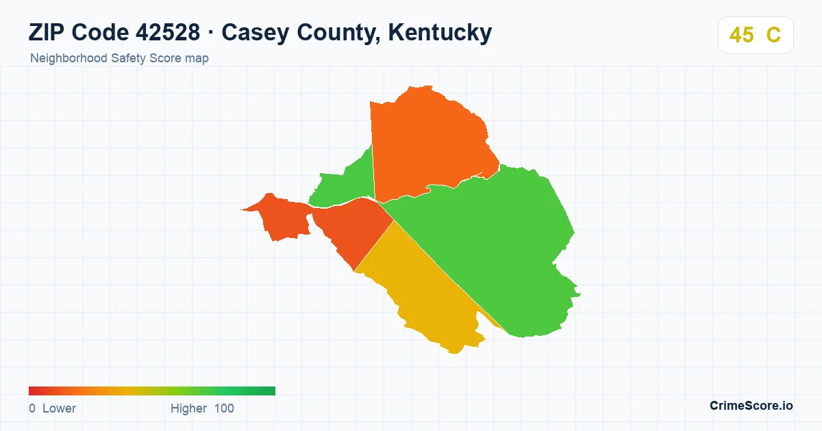 ZIP Code 42528 in Casey County, Kentucky neighborhood Safety Score map