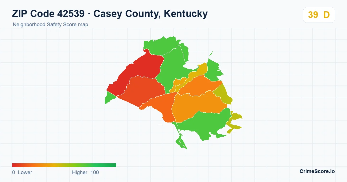 ZIP Code 42539 in Casey County, Kentucky neighborhood Safety Score map