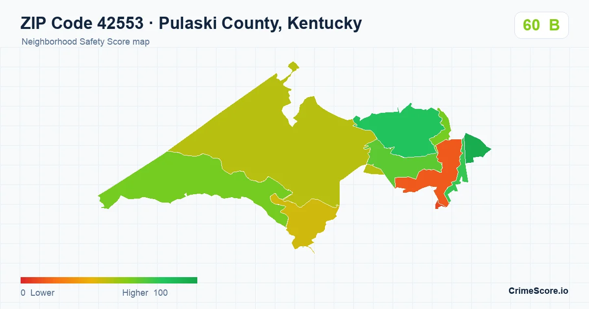 ZIP Code 42553 in Pulaski County, Kentucky neighborhood Safety Score map