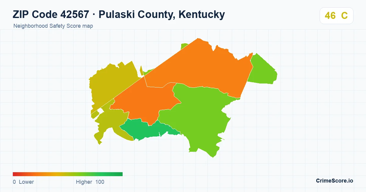 ZIP Code 42567 in Pulaski County, Kentucky neighborhood Safety Score map