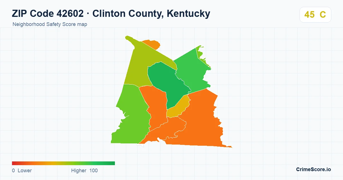 ZIP Code 42602 in Clinton County, Kentucky neighborhood Safety Score map