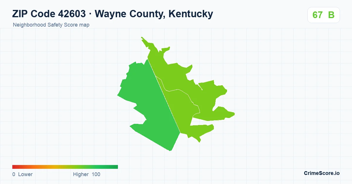 ZIP Code 42603 in Wayne County, Kentucky neighborhood Safety Score map