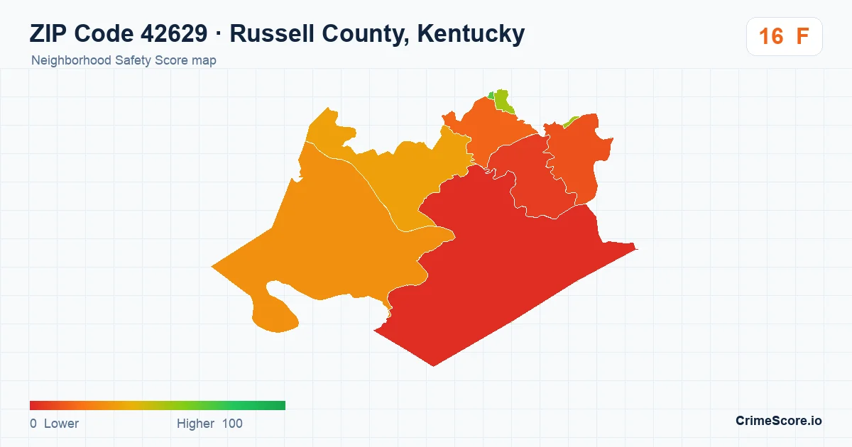 ZIP Code 42629 in Russell County, Kentucky neighborhood Safety Score map