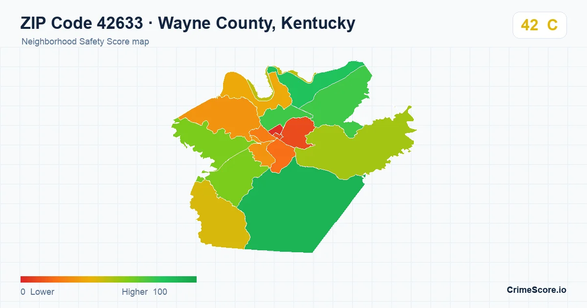 ZIP Code 42633 in Wayne County, Kentucky neighborhood Safety Score map