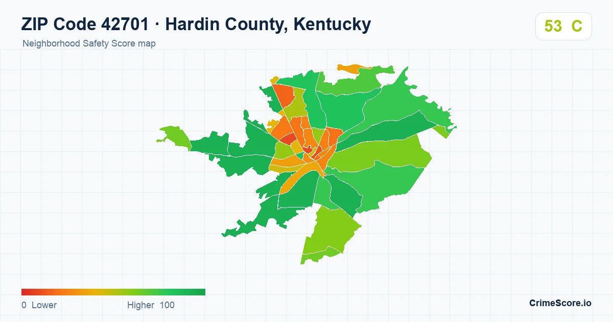 ZIP Code 42701 in Hardin County, Kentucky neighborhood Safety Score map