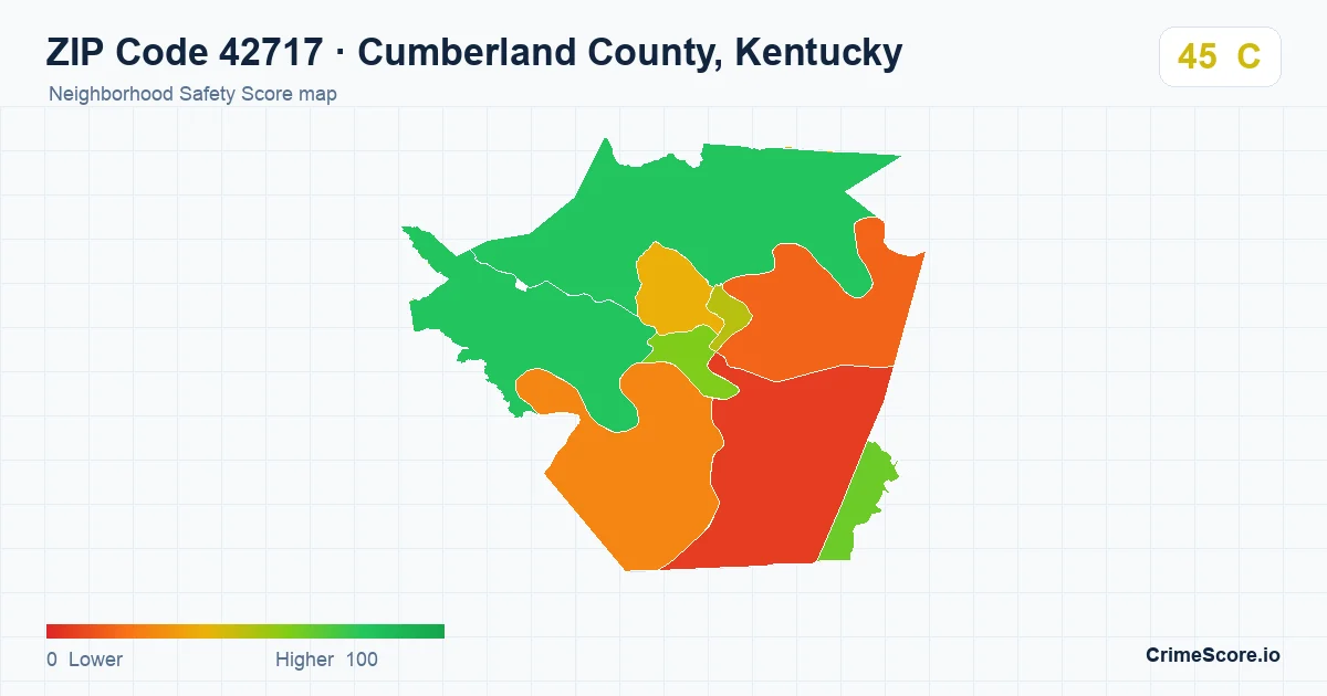 ZIP Code 42717 in Cumberland County, Kentucky neighborhood Safety Score map