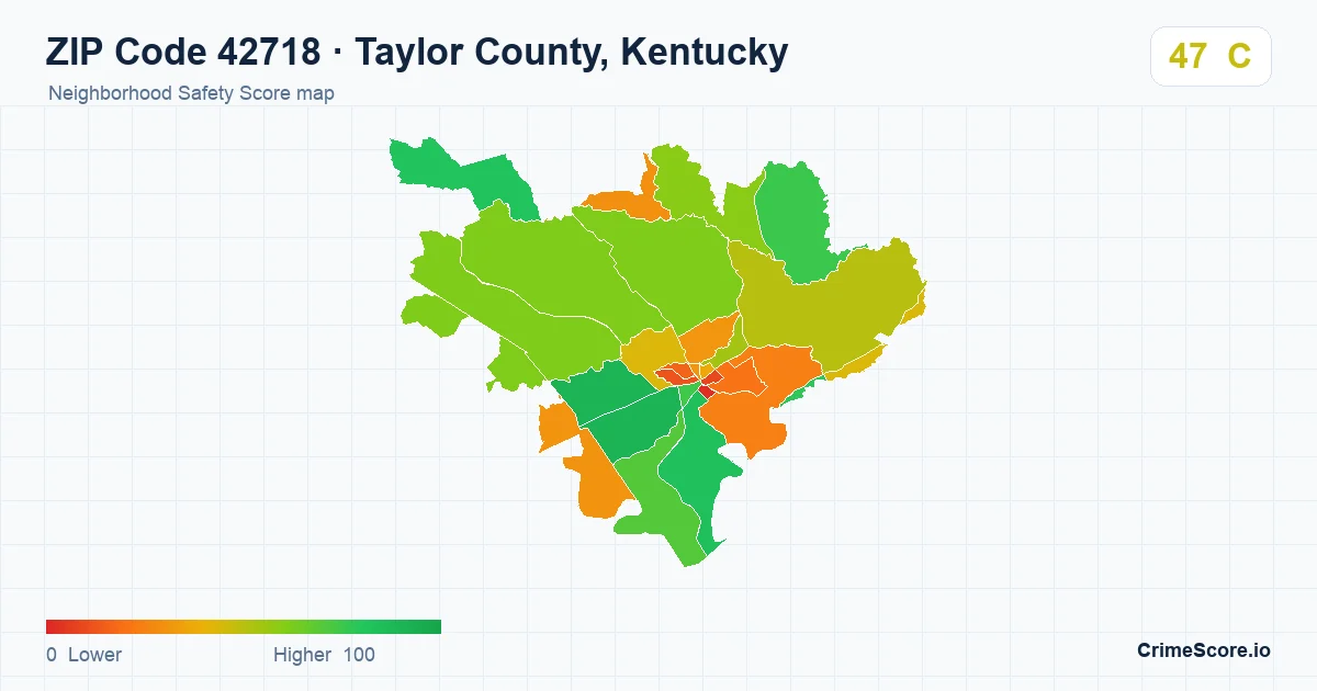 ZIP Code 42718 in Taylor County, Kentucky neighborhood Safety Score map