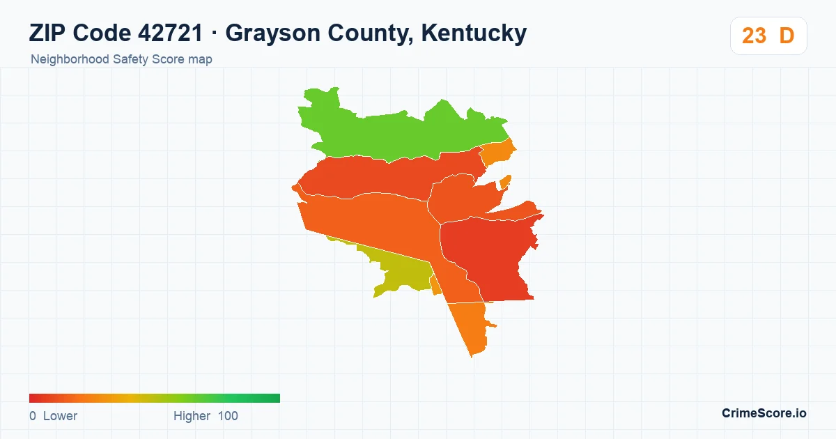 ZIP Code 42721 in Grayson County, Kentucky neighborhood Safety Score map