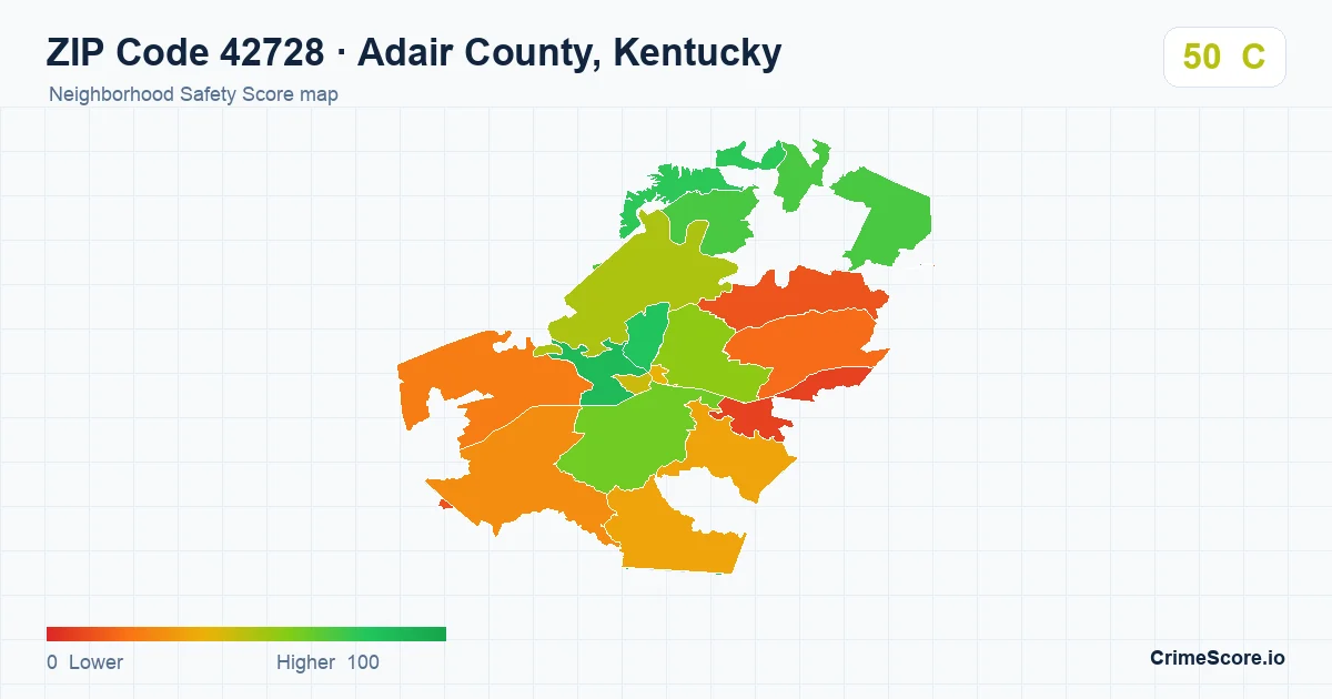 ZIP Code 42728 in Adair County, Kentucky neighborhood Safety Score map