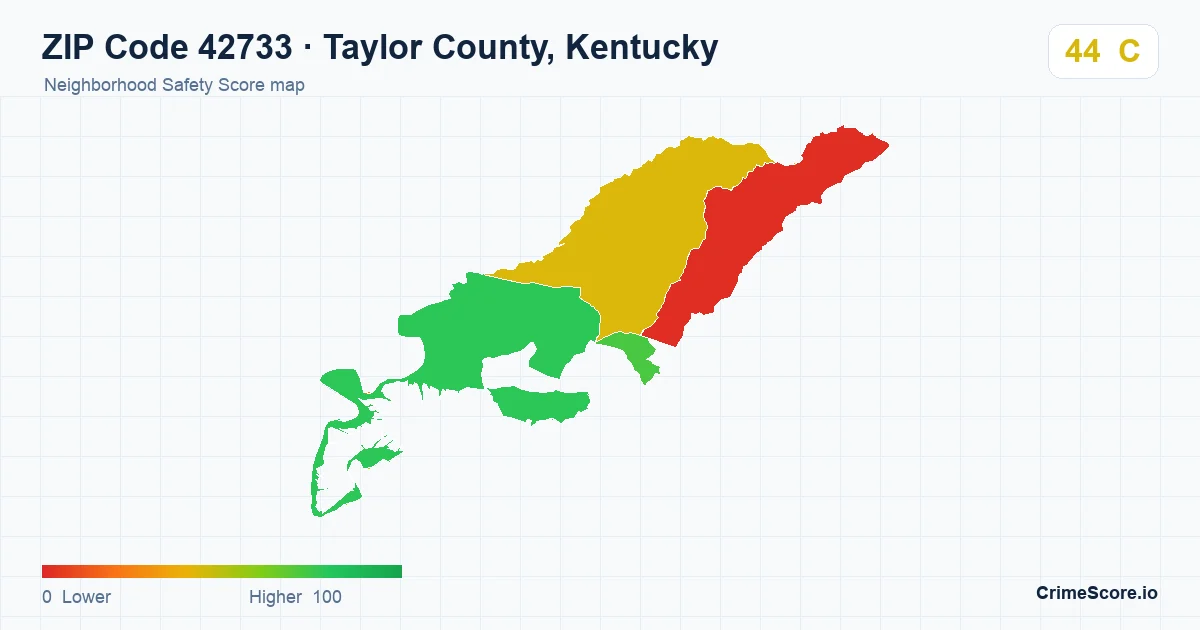 ZIP Code 42733 in Taylor County, Kentucky neighborhood Safety Score map