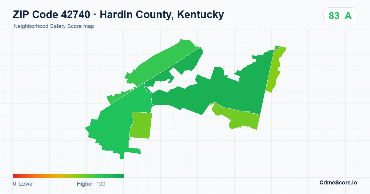 ZIP Code 42740 in Hardin County, Kentucky neighborhood Safety Score map