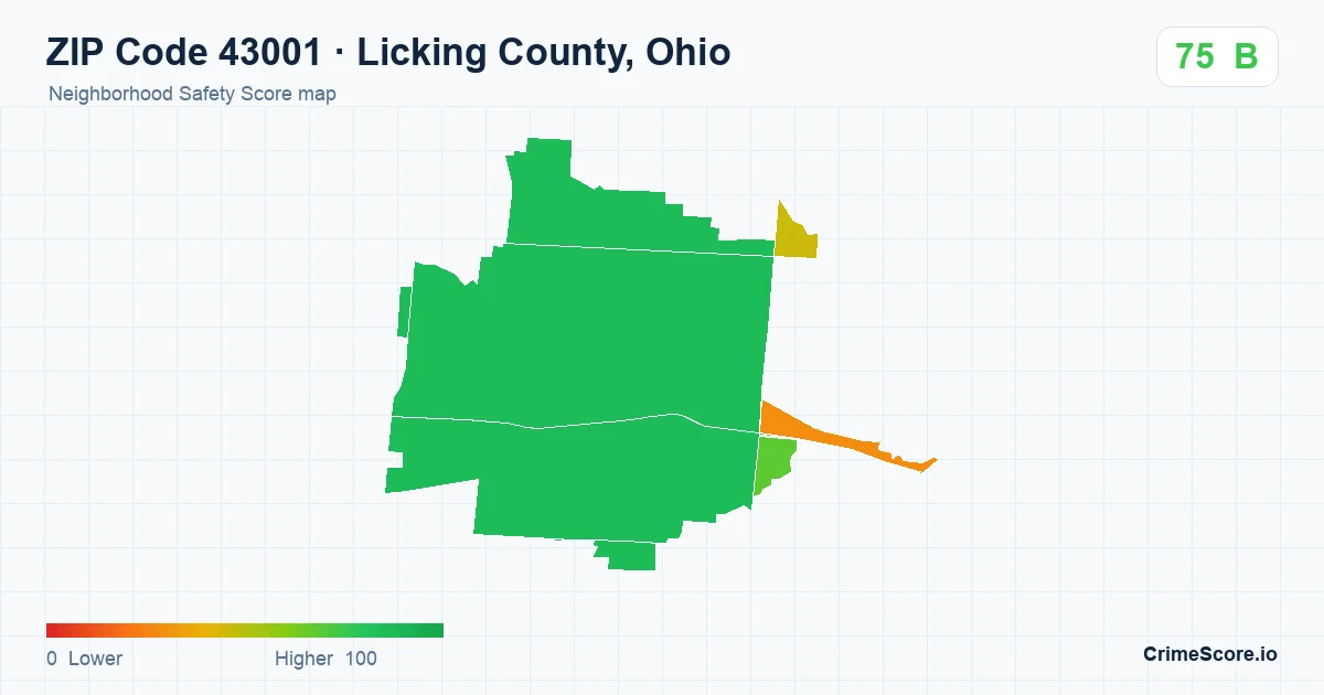 ZIP Code 43001 in Licking County, Ohio neighborhood Safety Score map