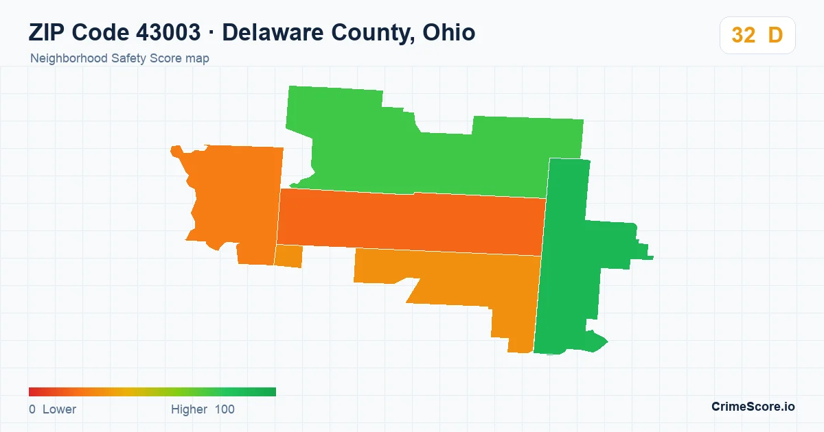 ZIP Code 43003 in Delaware County, Ohio neighborhood Safety Score map