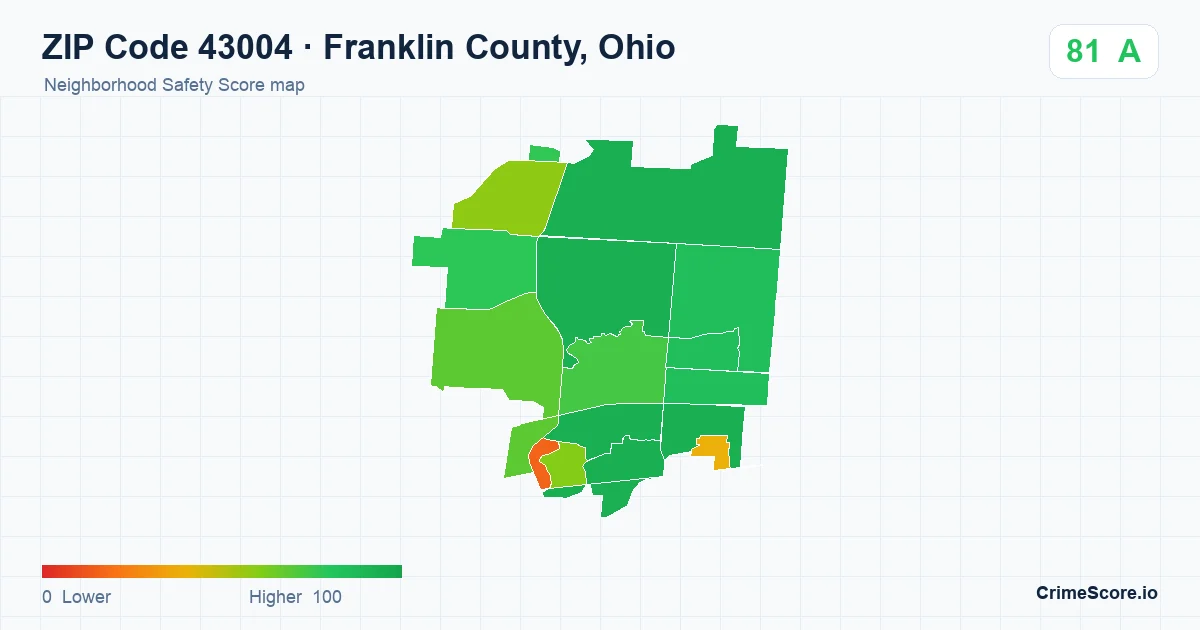 ZIP Code 43004 in Franklin County, Ohio neighborhood Safety Score map
