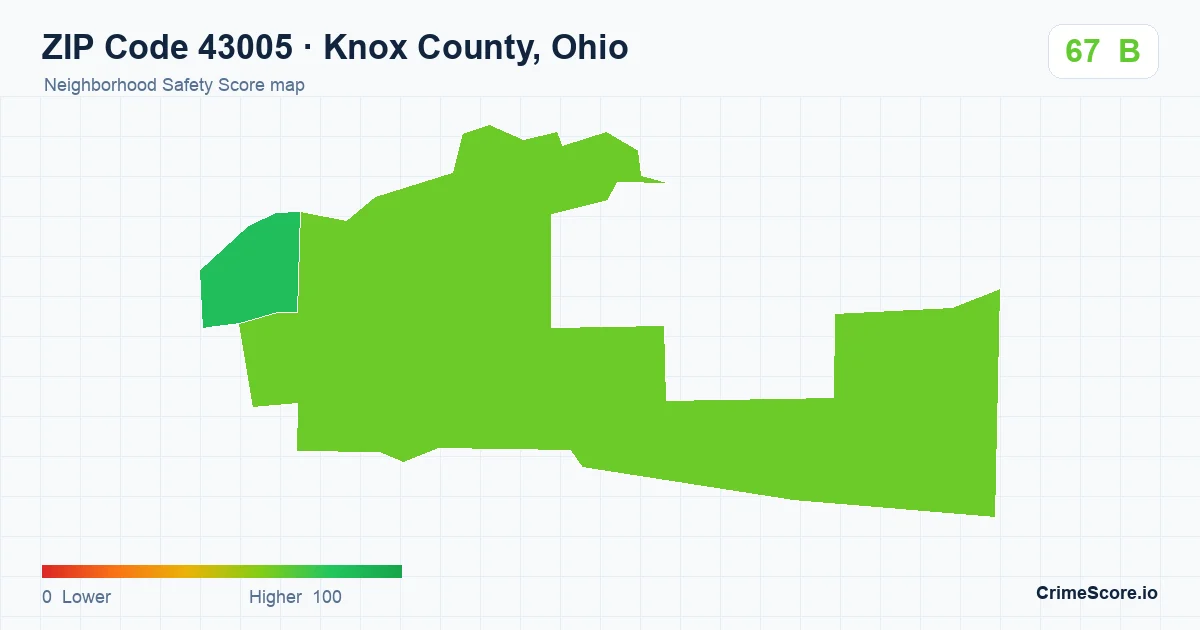 ZIP Code 43005 in Knox County, Ohio neighborhood Safety Score map